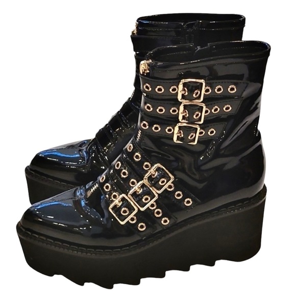 Jeffrey Campbell Shoes - Jeffrey Campbell Gristle Black Patent Leather Buckle & Grommet Combat Boot